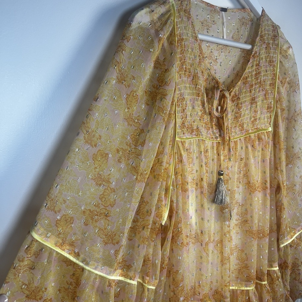 Free People Summers Orange Metallic Sheer Floral Tassel Festival Swing Dress Med - Picture 6 of 13